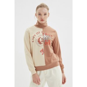 Trendyol Beige Color Block Printed Basic Thin Knitted Sweatshirt