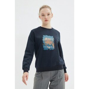 Trendyol Navy Printed Slim Basic Knitted Sweatshirt