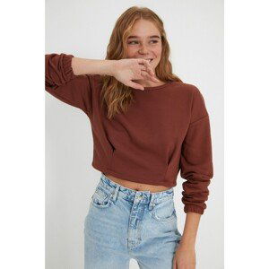 Trendyol Brown Crop Waist Pleated Slim Knitted Sweatshirt