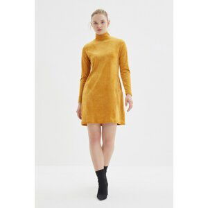 Trendyol Mustard Stand Collar Velvet Knitted Dress