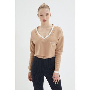 Trendyol Mink Crop V Neck Embroidered Slim Knitted Sweatshirt