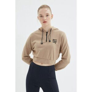 Trendyol Light Brown Crop Hoodie and Embroidery Slim Knitted Sweatshirt