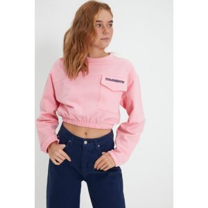 Trendyol Pink Crop Pleated Pocket Detailed Raised Knitted Sweatshirt