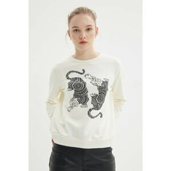 Trendyol Ecru Printed Basic Thin Knitted Sweatshirt