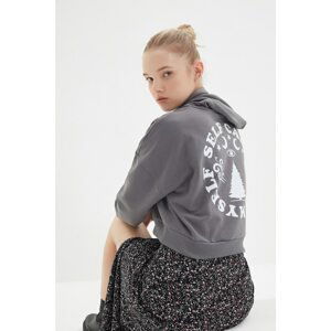 Trendyol Anthracite Printed Crop Hoodie Slim Knitted Sweatshirt