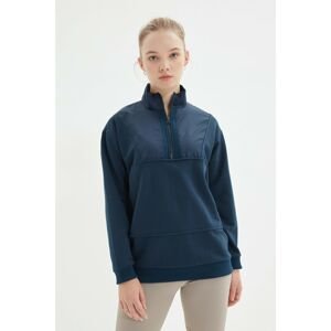 Trendyol Navy Blue Stand Up Collar Boyfriend Fabric Mixed Thin Knitted Sweatshirt