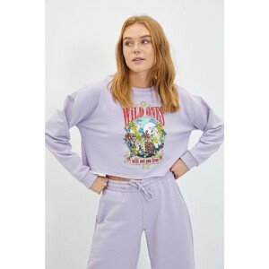 Trendyol Lilac Printed Crop Slim Knitted Sweatshirt