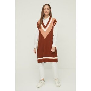 Trendyol Brown V Neck Color Block Long Knitwear Sweater