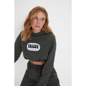 Trendyol Anthracite Embroidered Crop Raised Knitted Sweatshirt