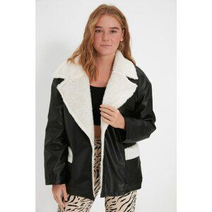 Trendyol Black Belted Oversize Plush Detailed Faux Leather Coat