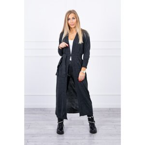 Long cardigan sweater with graphite waist ties