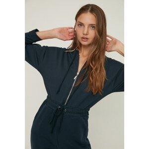 Trendyol Navy Blue Zippered and Hooded Knitted Jumpsuit