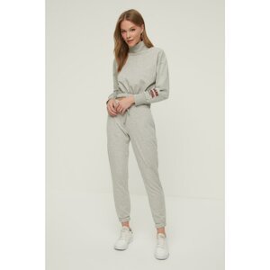 Trendyol Gray Printed Stand Up Collar Crop Raised Knitted Tracksuit Set