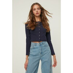 Trendyol Navy Blue Button Detailed Crop Crew Neck Ribbed Stretch Knitted Blouse