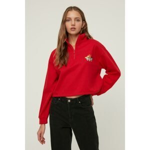 Trendyol Red Powerpuff Girls Licensed Printed Zippered Crop Knitted Slim Sweatshirt