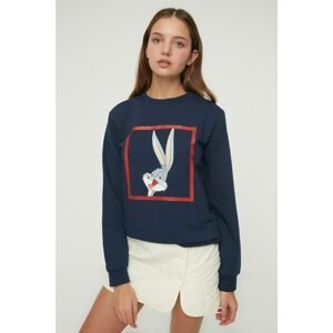 Trendyol Navy Blue Bugs Bunny Licensed Printed Basic Hooded Knitted Slim Sweatshirt