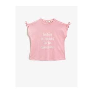 Koton Girl's Pink Light-changing T-Shirt Crew Neck Cotton Bow
