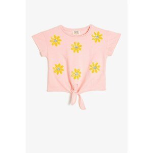 Koton Girl's Pink Crew Neck Short Sleeve Sequin Detailed 100% Cotton T-Shirt