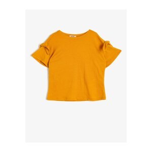 Koton Girl's Mustard Textured Soft Fabric Round Neck Short Sleeved T-Shirt