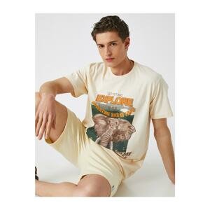 Koton Men's Beige Printed T-Shirt Crew Neck Cotton
