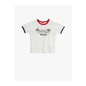 Koton Baby Boy Ecru Printed T-Shirt Crew Neck Stripe Detailed Cotton