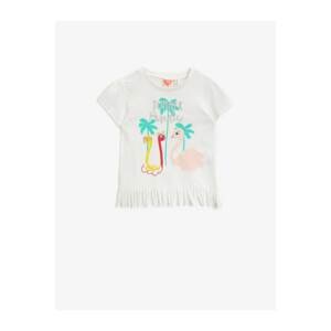 Koton Baby Girl Ecru Cotton Printed Tasseled Crew Neck Short Sleeved T-Shirt