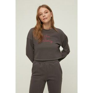 Trendyol Anthracite Crop Print Raised Knitted Sweatshirt