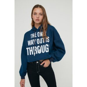 Trendyol Navy Printed Hoodie Raised Knitted Sweatshirt