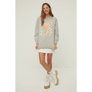 Trendyol Gray Printed Oversize Knitted Slim Sweatshirt