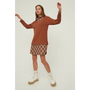 Trendyol Brown Shirt Collar Plaid Sweat Knitted Dress