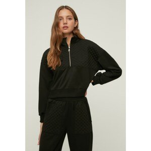 Trendyol Black Crop Quilted Detailed Slim Knitted Sweatshirt