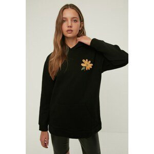 Trendyol Black Embroidered Boyfriend Hooded Rack Knitted Sweatshirt