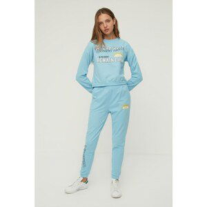 Trendyol Blue Crop and Basic Jogger Printed Slim Knitted Tracksuit Set