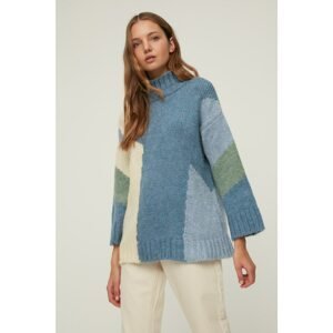 Trendyol Blue Jemná textúrovaná farba Blok Pletený sveter