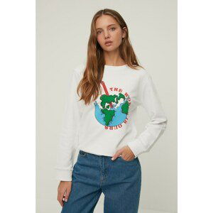 Trendyol White 100% Organic Cotton Printed Basic Thin Knitted Sweatshirt