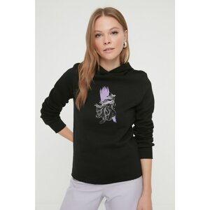 Trendyol Black Printed Basic Hooded Knitted Sweatshirt