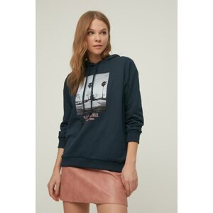 Trendyol Navy Blue Hooded Boyfriend Printed Slim Knitted Sweatshirt
