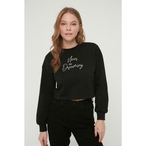 Trendyol Black Crop Print Raised Knitted Sweatshirt