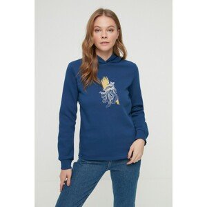 Trendyol Indigo Printed Basic Hooded Knitted Raised Sweatshirt