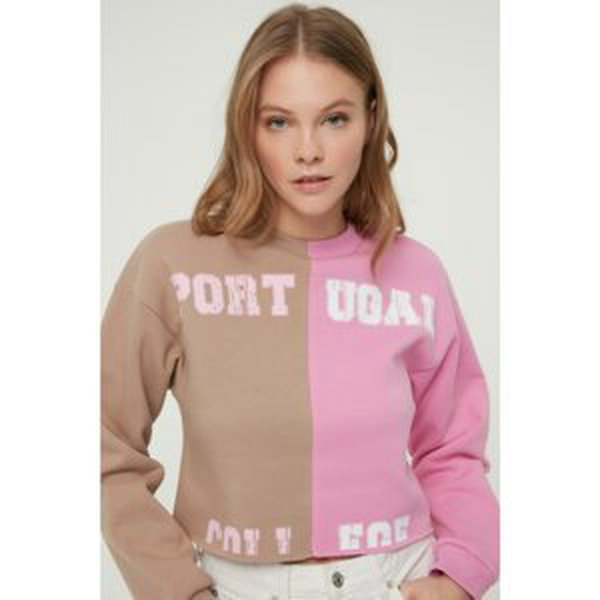 Trendyol Multi Colored Loose Crop Printed Raised Knitted Sweatshirt