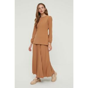 Trendyol Brown Front Tied Skirt Pleated Bottom-Top Set