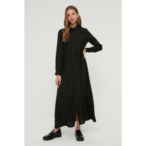 Trendyol Black Side Tie Woven Shirt Linen Look Dress