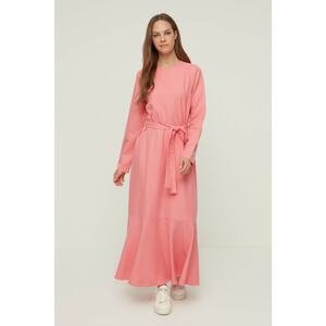 Trendyol Pink Belted Crew Neck Woven Dress