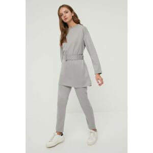 Trendyol Gray Belted Knitted Bottom-Top Set