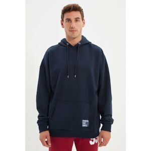 Trendyol Navy Men's Hoodie Oversize Slogan Label Sweatshirt