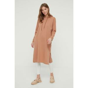 Trendyol Camel Hooded Slit Knitted Tunic