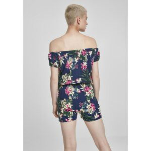 Ladies AOP Off Shoulder Short Jumpsuit Blue Flower