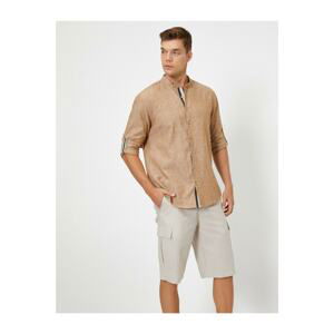 Koton Men's Brown Buttoned Mandarin Collar Linen Shirt