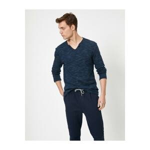 Koton Men's Navy Blue V-Neck Long Sleeve Patterned Sweater