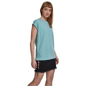 Women's blue T-shirt with extended shoulder